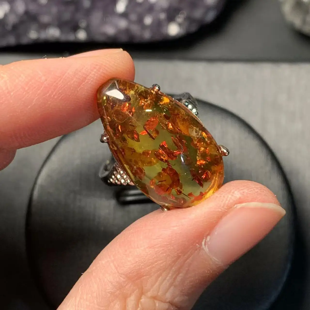 DROP Natural Flower Amber Ring Adjustable Female Ring Jewelry for Women Gift Wholesale High Quality Vintage Fine