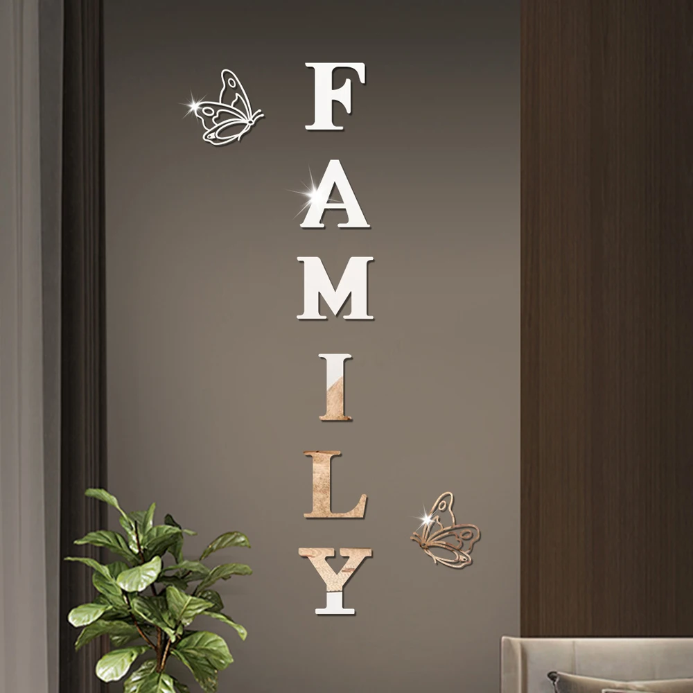 3D Mirror Wall Stickers English Letters Family Two butterflies Self-Adhesive DIY Acrylic Decals For Living Room Home Decoration 1