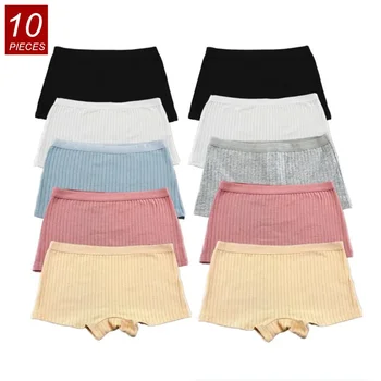 10PCS Women Boxers Underwear Ribbed Cotton Panties Sports Ladies Boyshorts Female Solid Color Cozy Lingerie Intimate 1