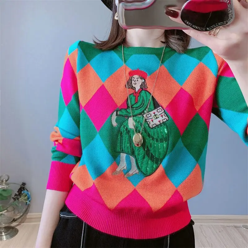 

Autumn Winter New Contrast Knitting Pullovers Tops O-Neck Long Sleeve Loose Y2K Short Sweaters Trend Fashion Women Clothing