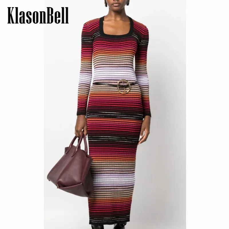 

10.13 KlasonBell Women's Vintage Elegant Gradient Striped Square Collar Slim Package Hip Knitted Maxi Dress