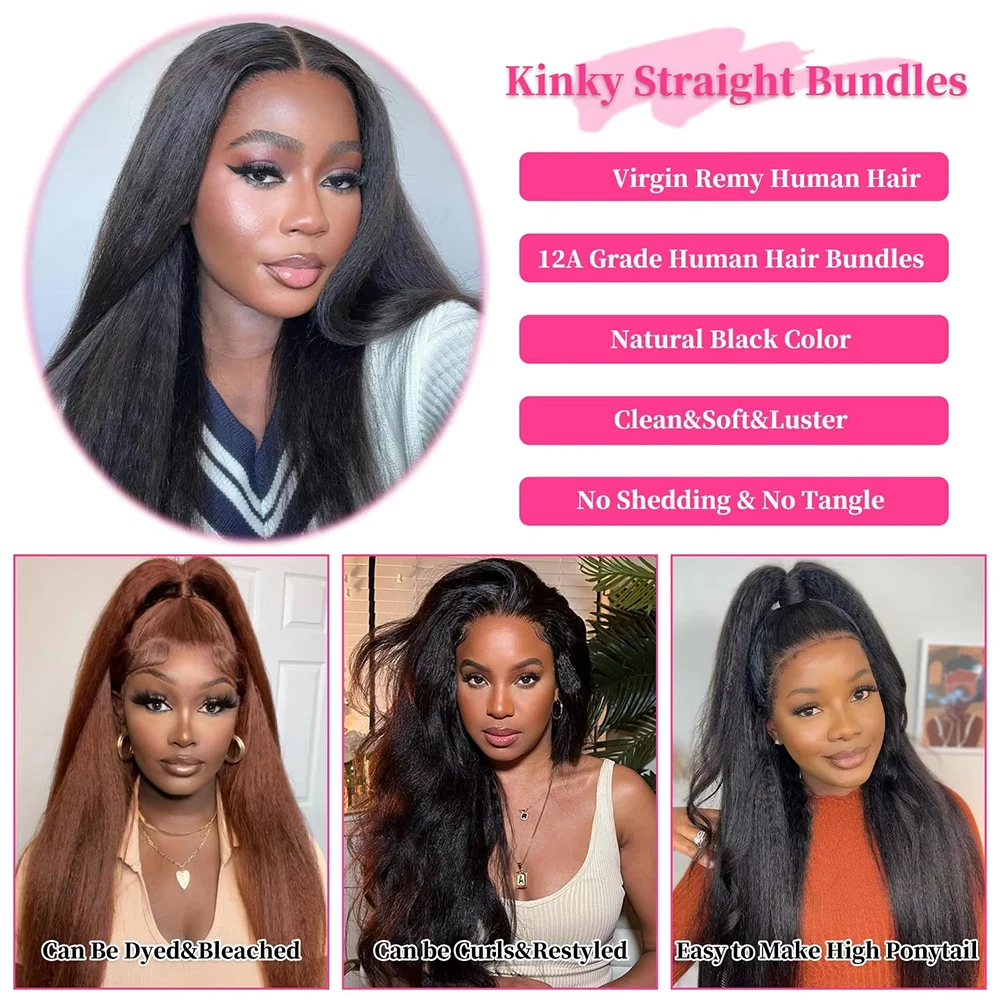 Yaki Human Hair Indian 12A Kinky Straight 1/3/4 Bundles Raw Virgin Unprocessed Yaki Straight Double Weft Bulk Braiding Hair 4