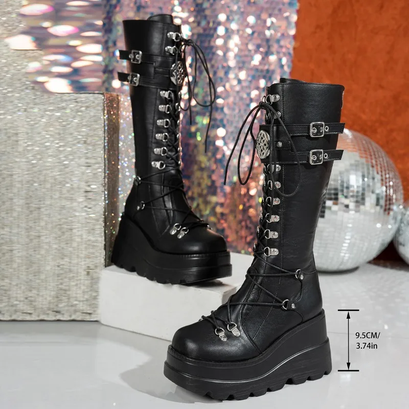 Punk Style Platform Motorcycle Boots Women Fashion Rivet Buckle Decor Combat Booties Woman Thick Sole Wedge Heel Mid Calf Boots