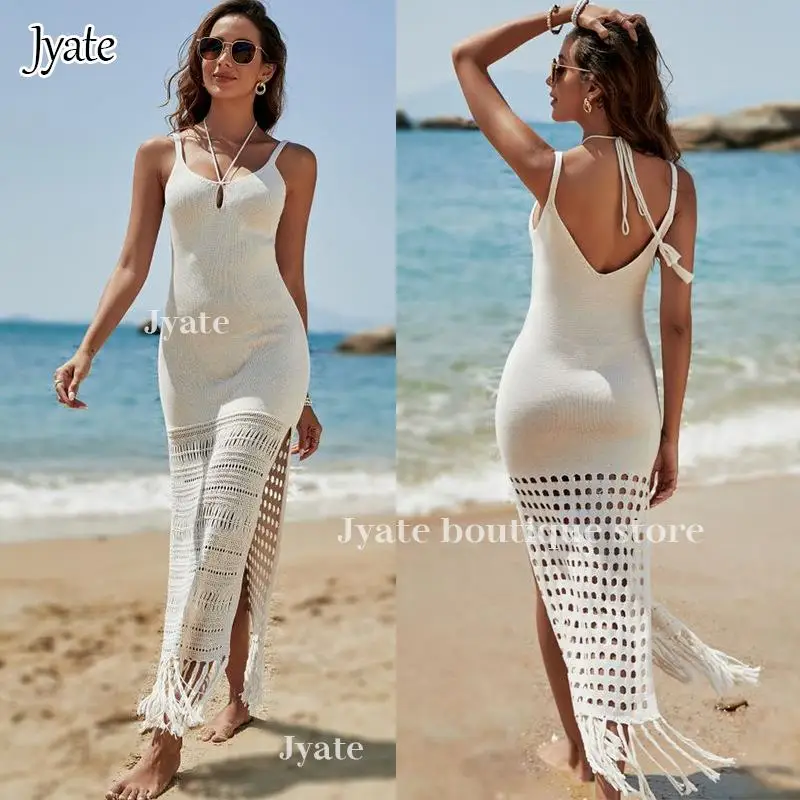 

Hollow Out Patchwork Knit Swimwear Beach Dress Long Tassel Hem Solid Color Vacation Backless Sexy Bodycon Women Robe Vestidos