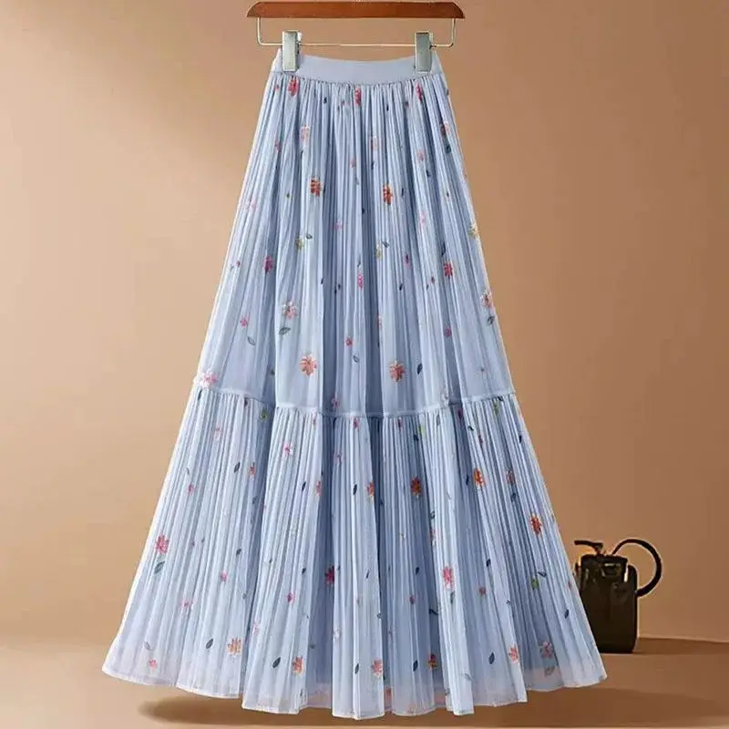 Printed Mesh Skirt Women's New Summer High-waisted Slimming Pleated Gauze Skirt Female Mid-length Drape A-line Large Swing Skirt