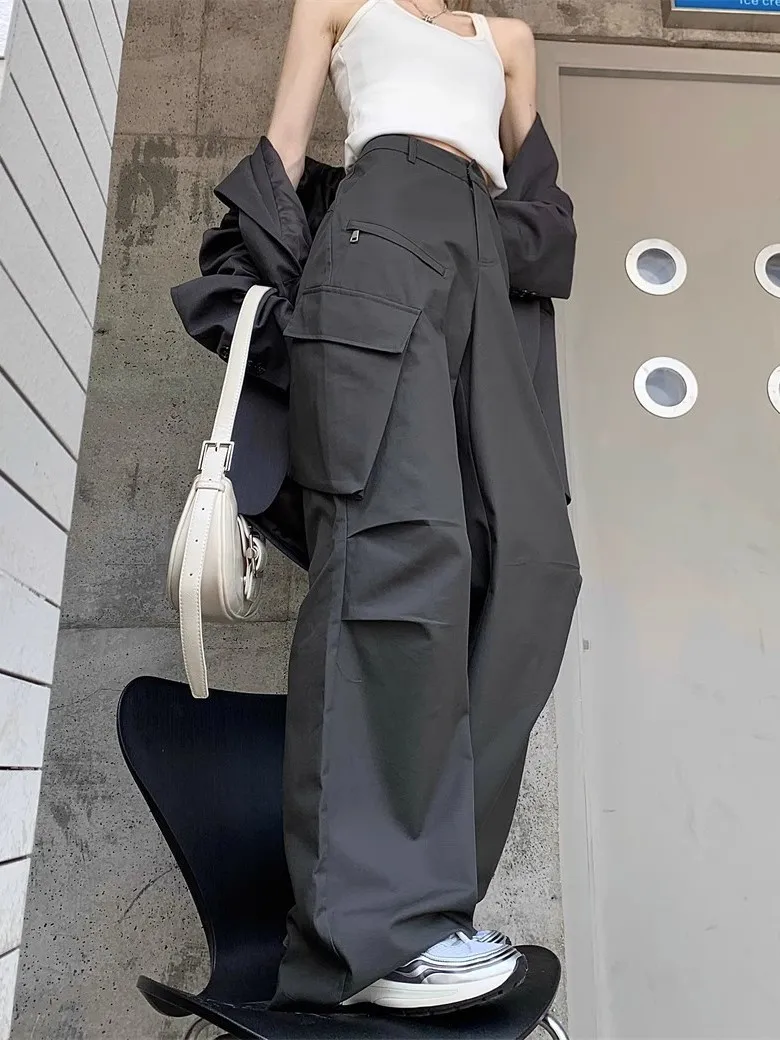 Korean personality gray overalls casual pants for women summer ins fashion brand y2k loose high waist wide leg straight pants