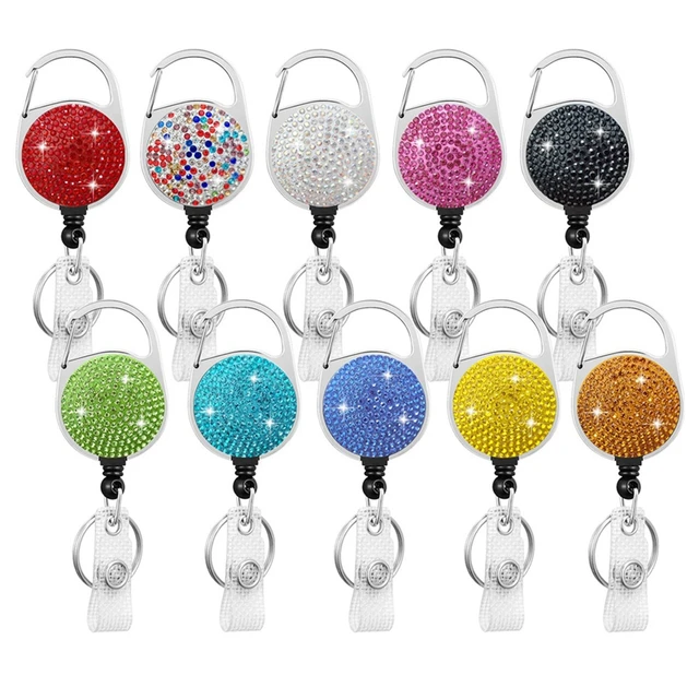 Retractable ID Badge Holder, Multipurpose Bling Rhinestone Badge Reel with Belt Clip Key Ring, Shiny PU Leather Badge Holder with Lanyard and Pen