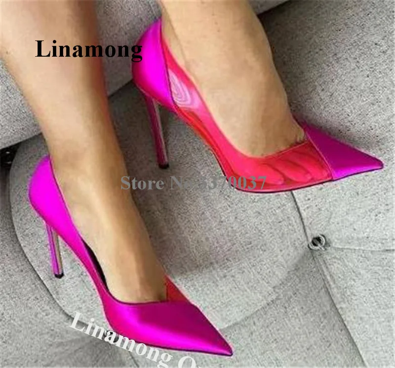 

Sexy Rose Pink Patchwork PVC Pumps Linamong Pointed Toe Clear Transparent Matched Satin Stiletto Heel Dress Shoes Slip-on Heels