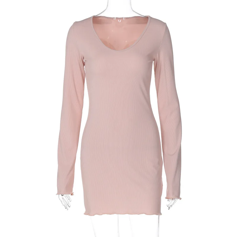 Minivestidos lisos de canalé con cuello redondo y manga larga, ropa de calle Y2K, venta al por mayor, elegante atuendo informal de verano para mujer