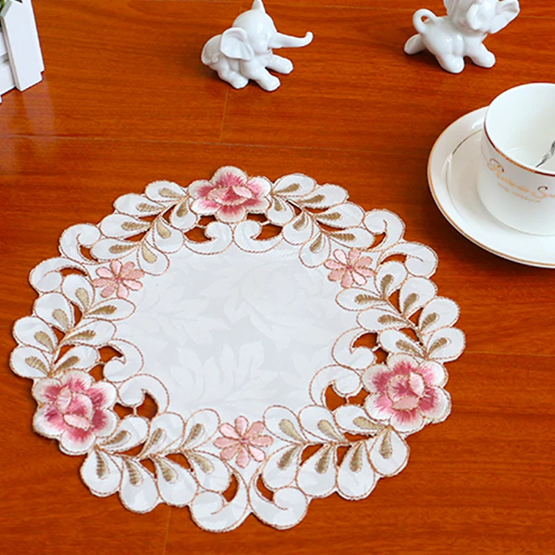 

HOT！ new Kitchen Tableware Mat Satin Rose Flower Embroidery Place Table Mat Cloth Pad Cup Doily Napkin Coaster New Year Placemat