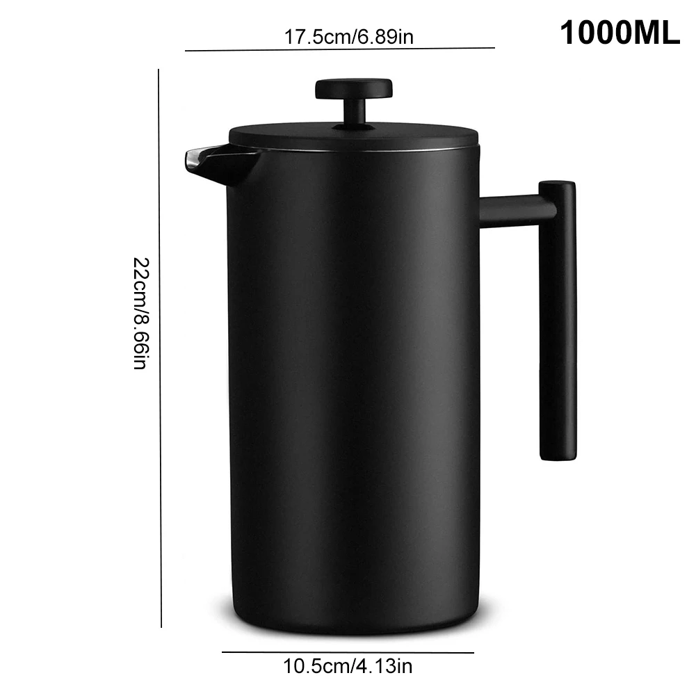 Stainless Steel Tea Brewer Tea Pot Double Wall Insulation Coffee Press 1000ml Double Walled Large Coffee Press for Bar Cafe Home
