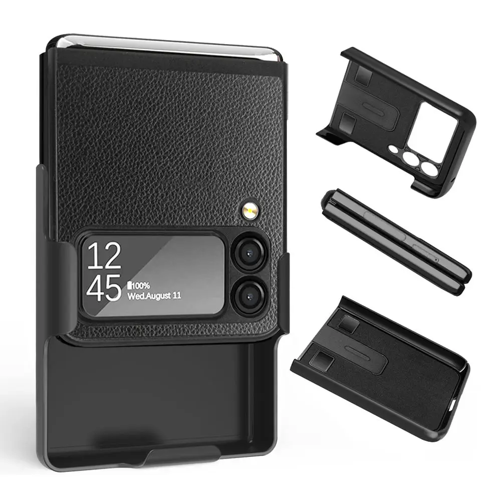 Premium lychee pattern Leather Case for Samsung Galaxy Z Flip 4 5G with Rotating Clamp Back Clip Cover for Galaxy Z Flip 3