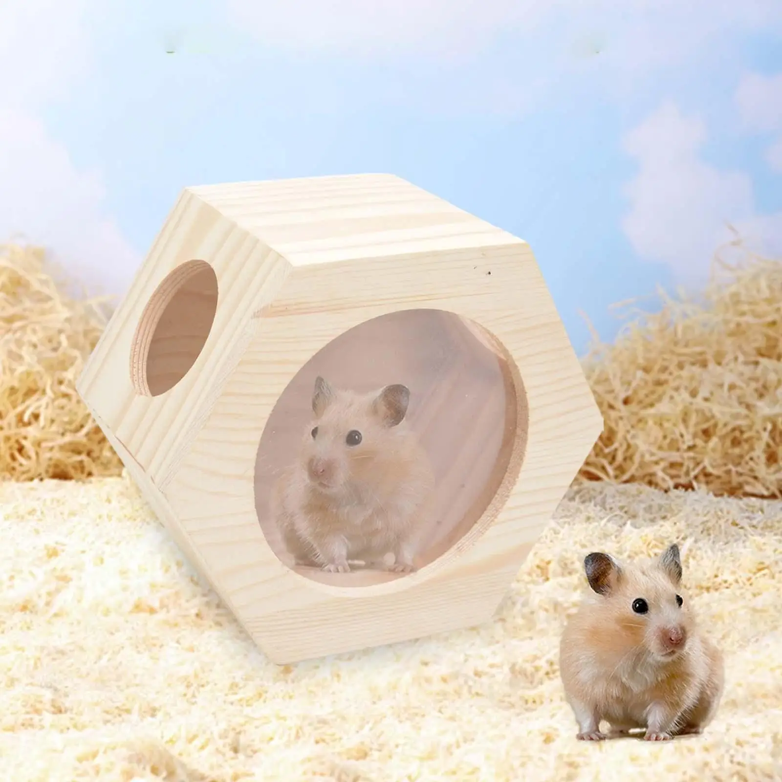 Wooden Hamster House Hangable Hut Decor Hide Supplies Chew Cage Toy Hexagonal Box for Guinea Pig Hamster Mice Lemmings Gerbils