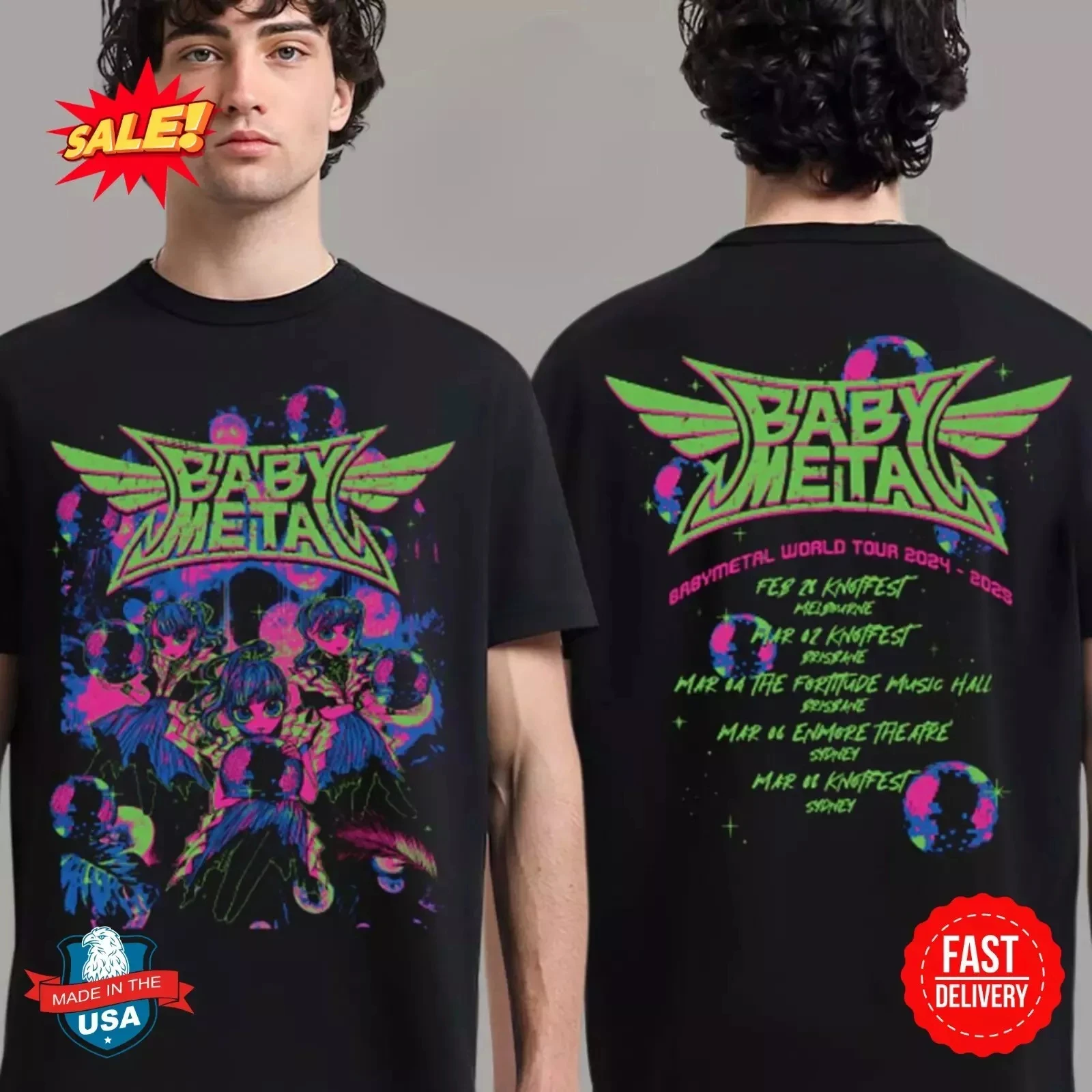 BABYL WORLD TOUR 2025 XL Tシャツ BABYMETAL World Tour 2024 e 2025 Camiseta australiana estilo leque