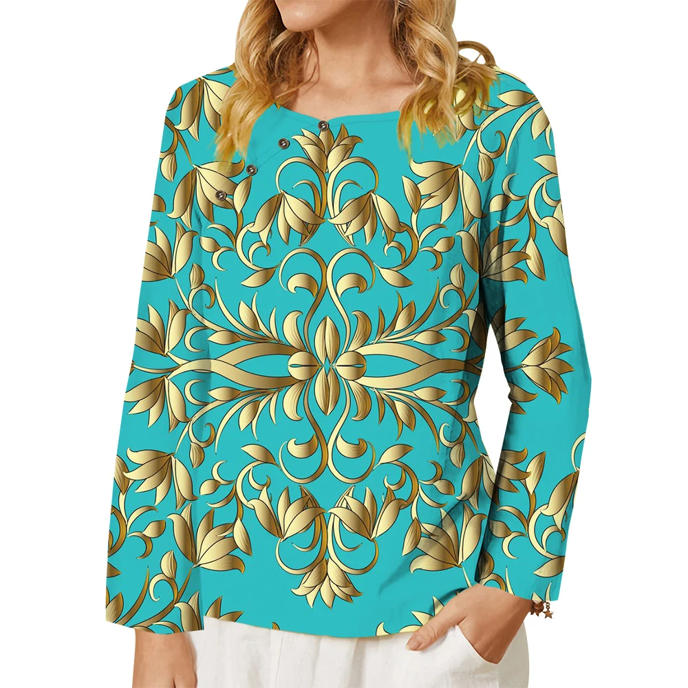 

CLOOCL Women T-shirt Female Clothing Long Sleeve Shirts Camisetas Ropa Mujer Ethnic Style Retro Flower Print Blouse Floral Tops