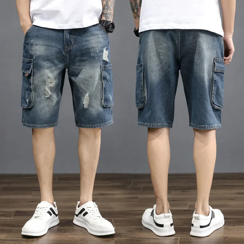 New Summer Men Blue Denim Shorts Cargo Jeans Quality Male Cotton Straight Loose Tooling Shorts Fashion Ripped Knee Length Jeans