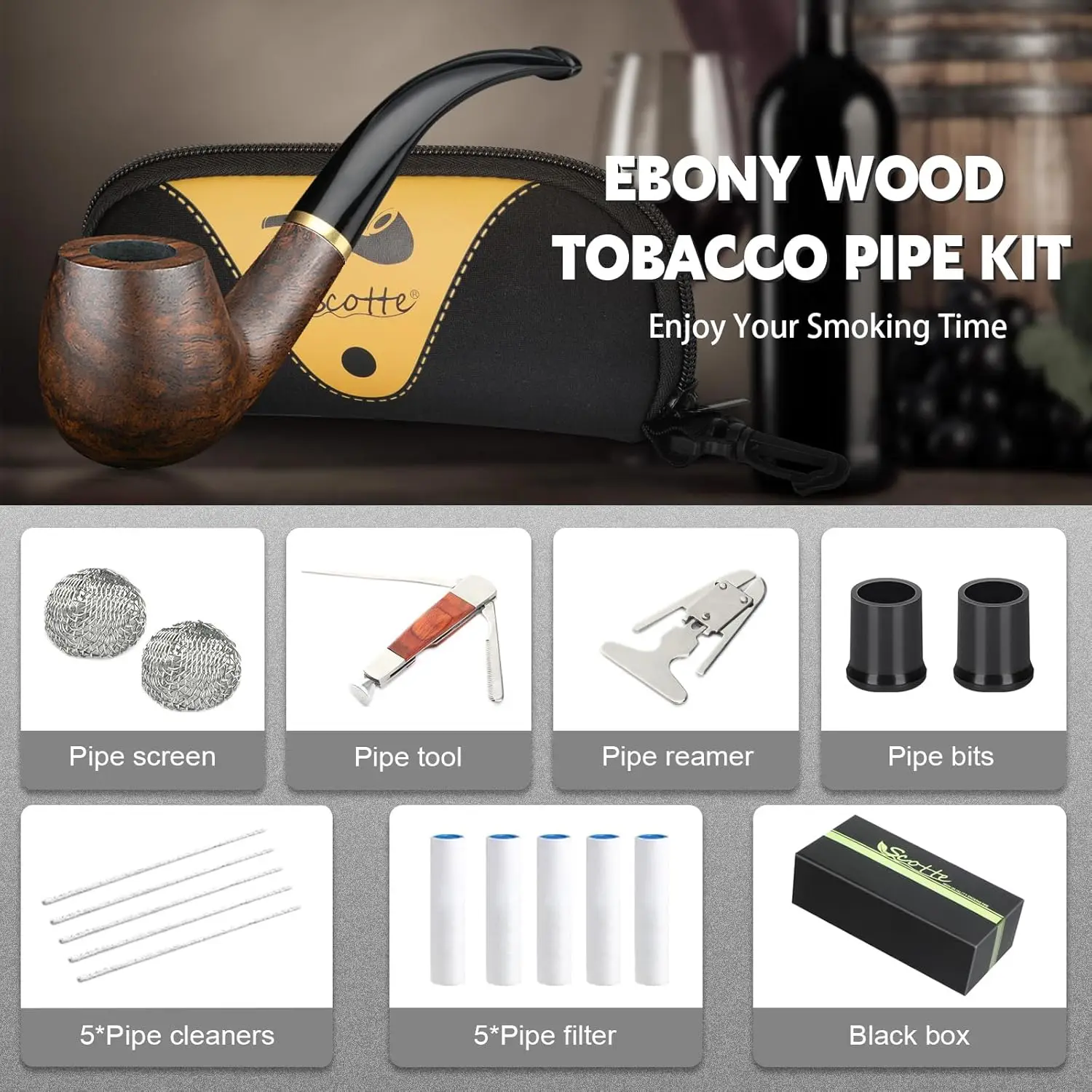Tobacco Pipe Handmade Ebony Wood Root Smoking Pipe Gift Box and Accessories