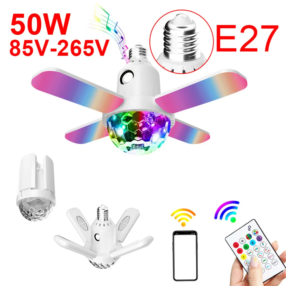 LED E27 Bulb Ceiling NightLight Colorful 4-Leaves Music Bluetooth Audio Folding Disco Floodlight With Remote Control For Bedroom Smart Led Light Bulbs