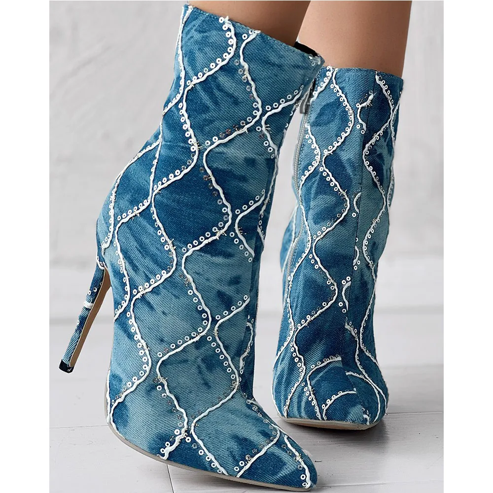 

Stiletto High Heels Boots Pointed Toe Zipper Print Designer Ankle Shoes For Woman 2023 New Winter Luxury Trendy Sexy Lady Shoes