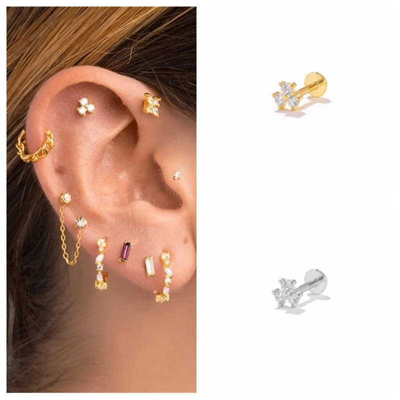 CANNER 925 Sterling Silver Stud Earrings for Women Cubic Zirconia Labret Lip Ring CartilageTragus Piercing Earring Jewelry 1pc