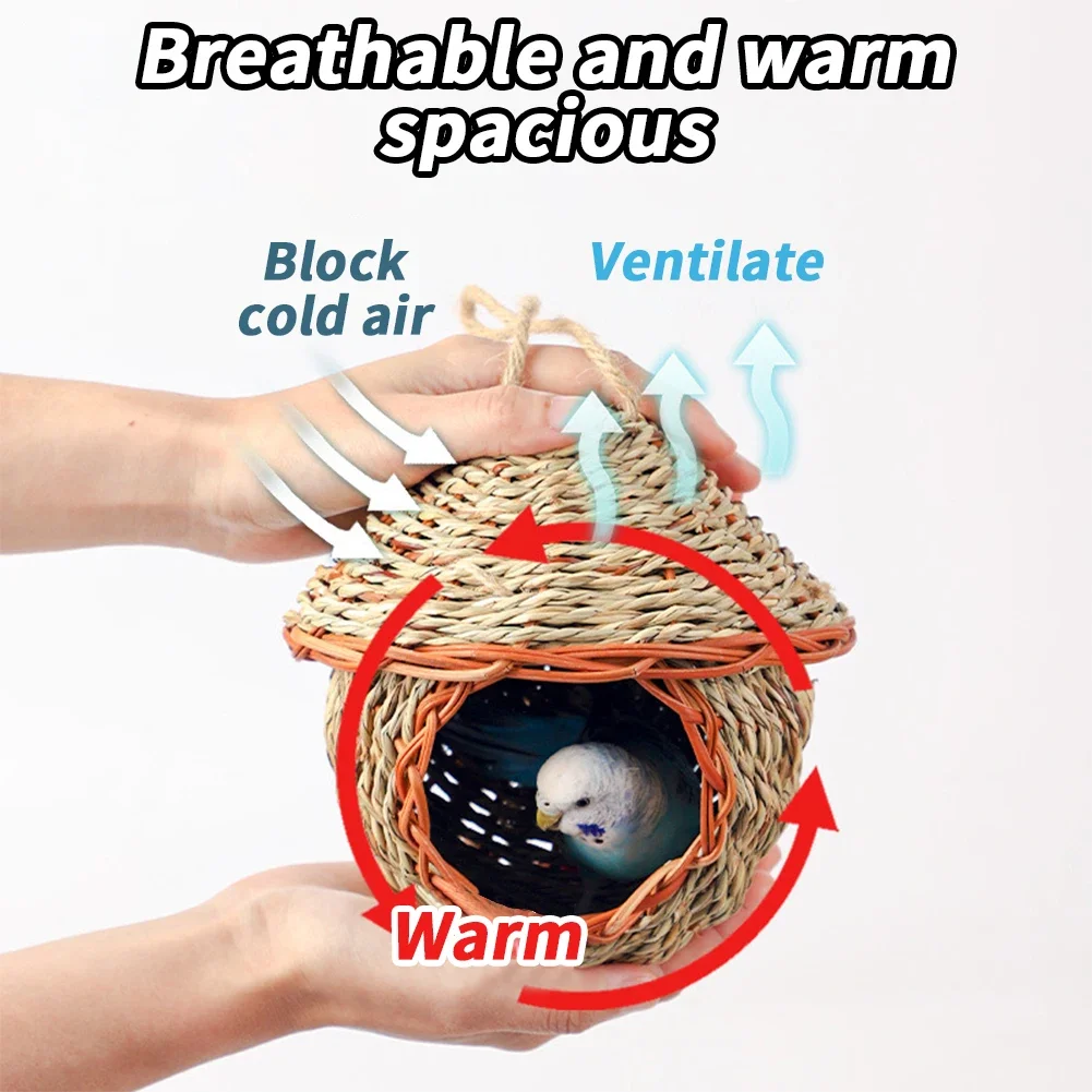 Bird Nest Hand-Woven Grass House For Small Parrot Canary Lovebird Parakeet Hatching Birds Hut Outdoor Hanging Chickadee House For Bird House Bird Nest Outdoor Bird Breeding Loft