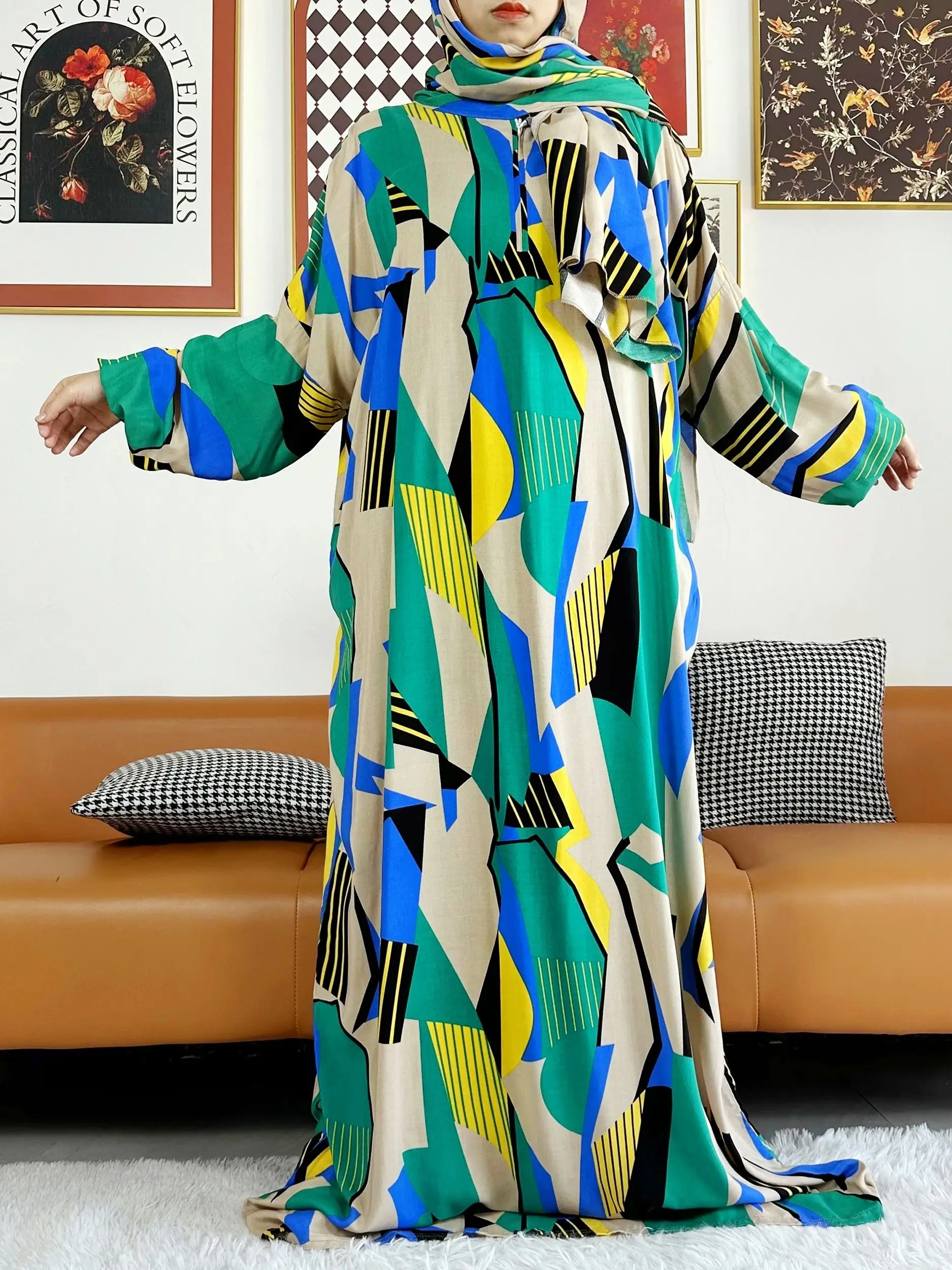2025 Muslim Cotton Lady's Abayas Ramadan Prayer Garment Dubai Turkey Middle East Femme Robe Loose African Dress Turban Joint 4
