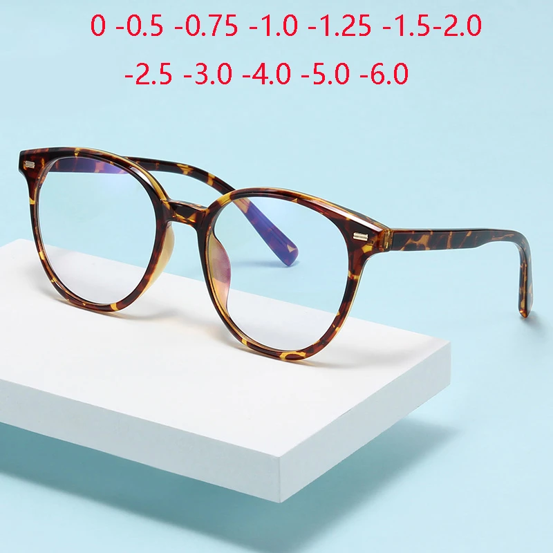 Blaulichtblockierender Leopardenrahmen, runde Kurzsichtigkeitsbrille, Unisex, TR90, übergroße Myopiebrille, Rezept 0–0,5–0,75 bis -6