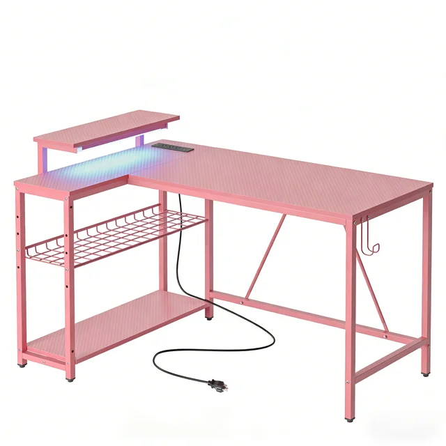 NOST&HOST Pink L Shaped Gaming Desk LED Power Outlets,42" Corner Computer Desk Reversible Shelves Hooks Home Office Bedroom Desk