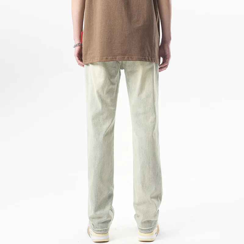 Street Yellow Mud-Color Jeans Men's Retro High Street Fashionable Loose Straight Stretch Washed Distressed Draped Pants