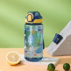 Cute Cartoon Animal Water Bottle with Safety Lock - 600ml Leak-Proof Straw Cup for Kids' Outdoor Adventures (Blue)