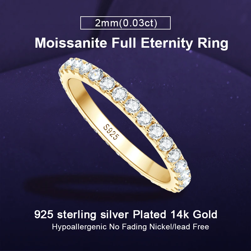 IOGOU 14k Gold Plated Full Eternity Bands 2mm D Color Moissanite Stackable Ring Original 925 Sterling Silver Women Fine Jewelry