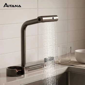 Brass Gun Gray Pull Out Kitchen Sink Faucet Single Hole Cold Hot Water Mixer Tap Modern Multifunctional Home Hardware Fixture 1