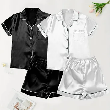Sleepwear Women Silk Satin Short Sleeve Shorts Pajamas 4 Piece Set Breathable Quick Dry Night Dress Trouser Shirt Solid Nighties 2