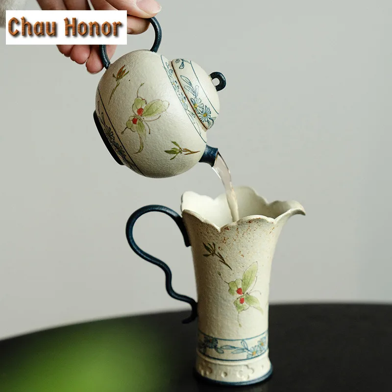 Handmade Gold Drawing Butterfly Orchid Teaware Blue And White Flint Red Tea Pot Tea Brewing Gaiwan Justice Cup Kung Fu Teaset