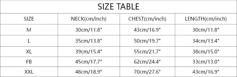 Artik Feather Down Dog Vest Size Table