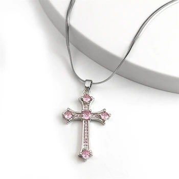 Women's Pink Crystal Zircon Cross Necklace