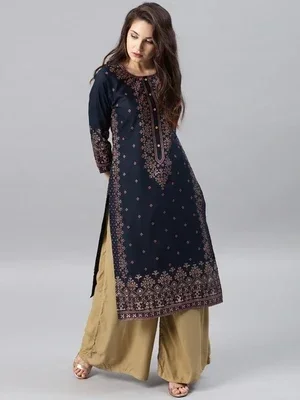 Kurti indiano da donna con palazzo/pantaloni | Rayon ricamato Kurta Partywear Kurtis abito da donna top tunica, verde scuro, Large