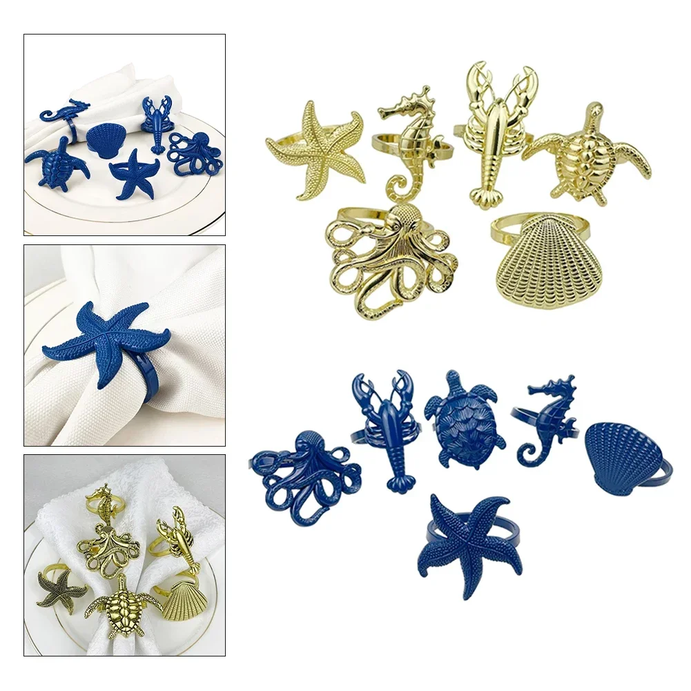 Napkin Rings Marine Design Starfish Shells Lobsters Type Napkin Button Home Decor Dining Table Banquet Family Gathering 6pcs