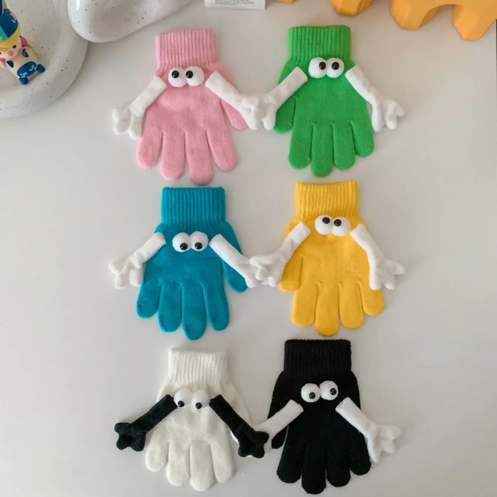 Big Eyed Doll Hand in Hand Magnetic Knitted Gloves Touch Screen Open Fingered Student Magnetic Knitted Gloves Funny Warm
