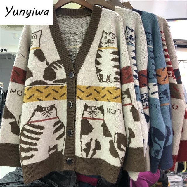 Fall 2021 Women Clothing Cute Cartoon Cat Crochet Floral Cardigan Oversized Outwear  Korean Knit Sweater Coat Pull Femme - AliExpress