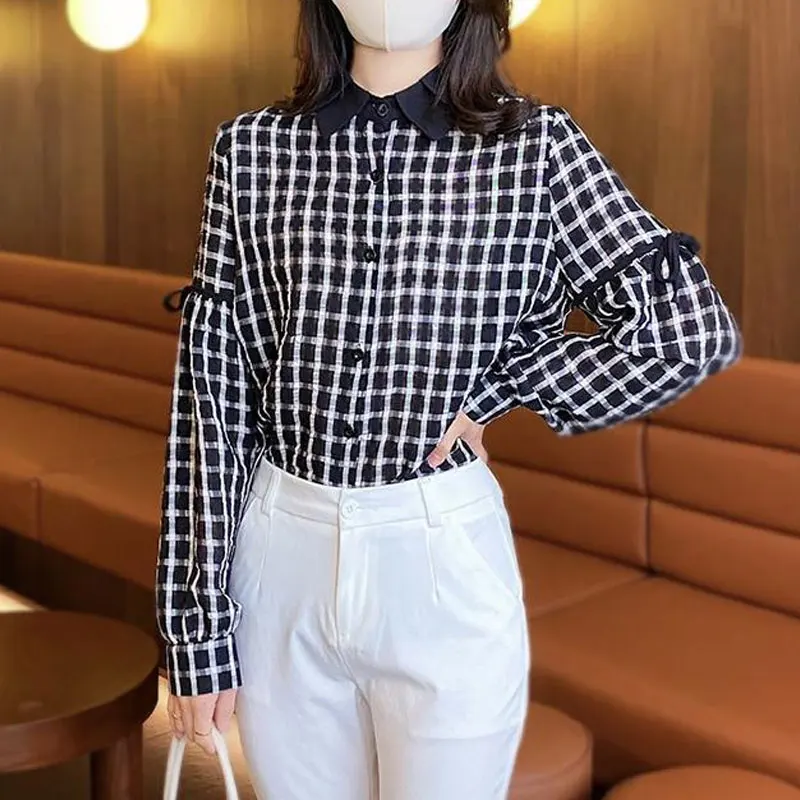 Women's Clothing Plaid Polo-Neck Spliced Blouse Stylish Drawstring Bow Commute Long Sleeve Spring Autumn Single-breasted Shirt