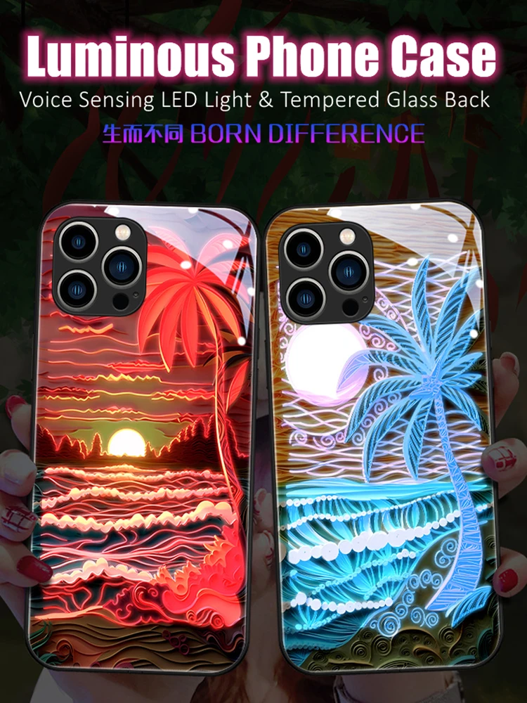 

Smart Sunshine Beach Voice Sensing LED Light Glowing Luminous Phone Case for iPhone 11 12 13 14 15 Xs Xr Mini Pro Max Plus Cover