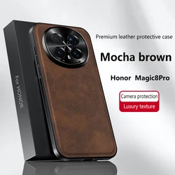 Luxury PU Leather Phone Case with Magsafe and Magnetic Ring Lens Protection - Shockproof Cover for Honor Magic8 (Brown)