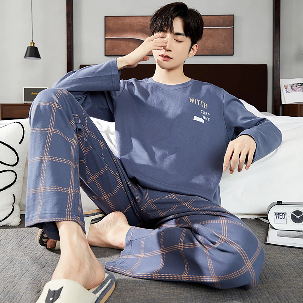 Spring Autumn Casual 4XL Big Size Men's Pajamas Set Fashion Korean Style Sleepwear for Sleeping Cotton Breathable Soft Pajama