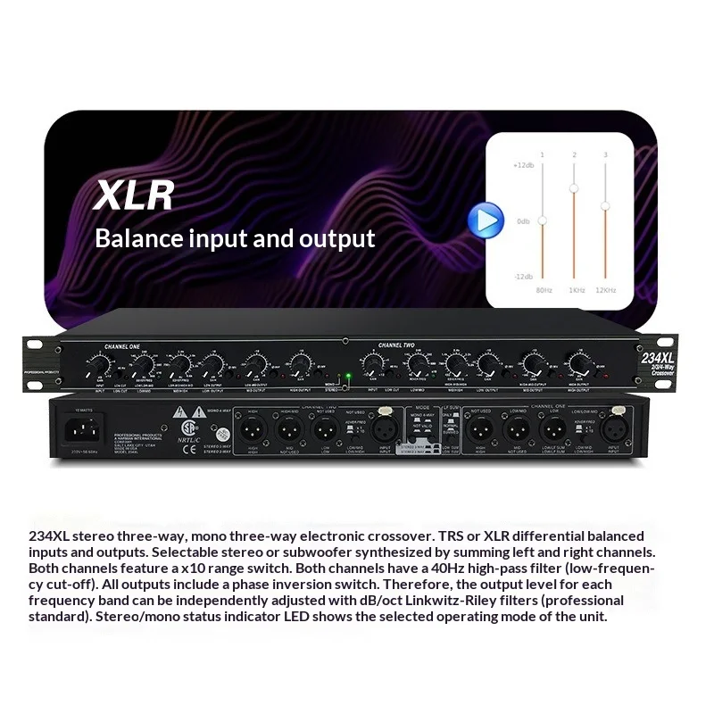 234XL 프로페셔널 전자식 크로스오버 - 스테레오 3웨이 / 모노 4웨이, 밸런스드 XLR 입출력, 20Hz-20kHz, 무대/KTV/PA용