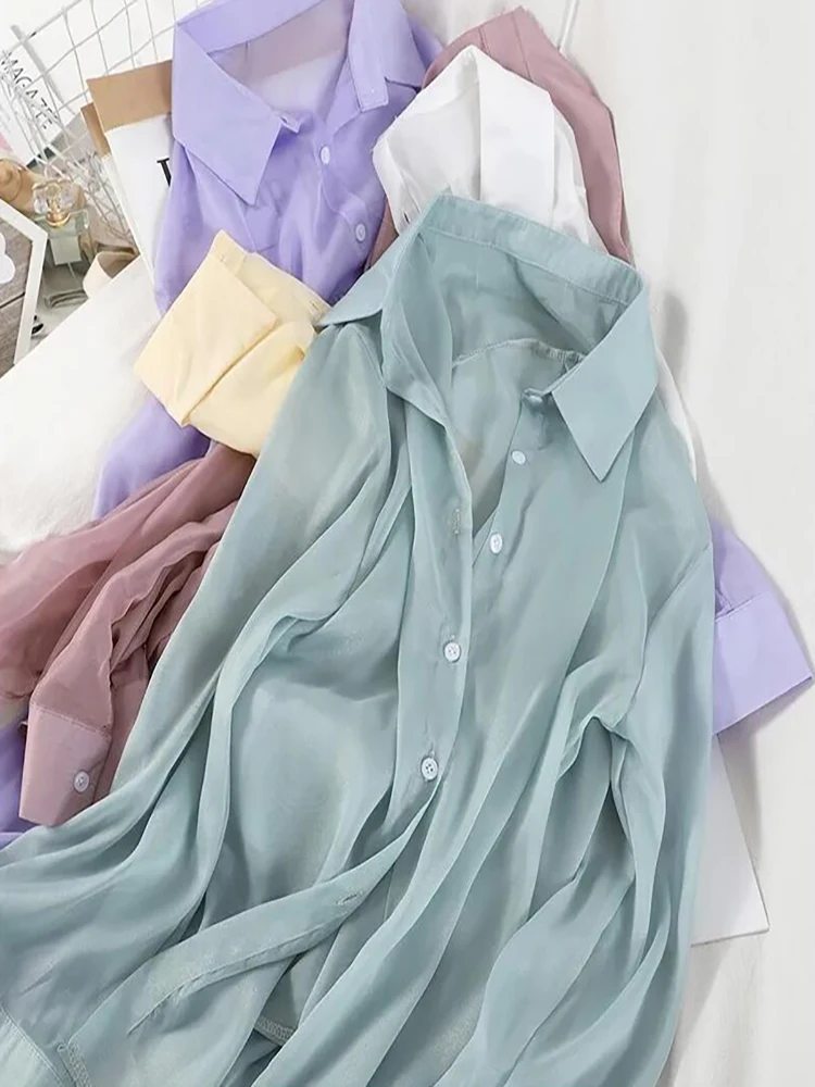 

JMPRS Perspective Women Shirt Solid Thin Summer Beach Basic Breathable Tops Long Sleeve Loose Single Breasted Sun-proof Shirt