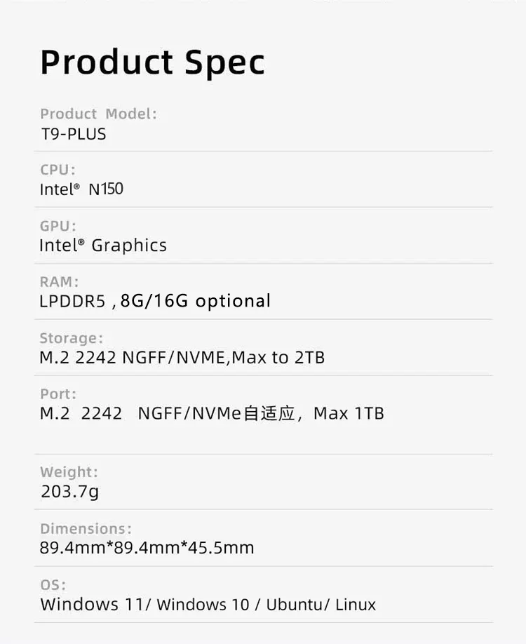 SZBOX T9 PLUS Small MINI PC Twin Lake N150 Windows 11 Pro LPDDR5 8GB / 16GB M.2 2242 SSD Wifi BT RJ45 4K@60Hz HD Desk Mini Pc 4