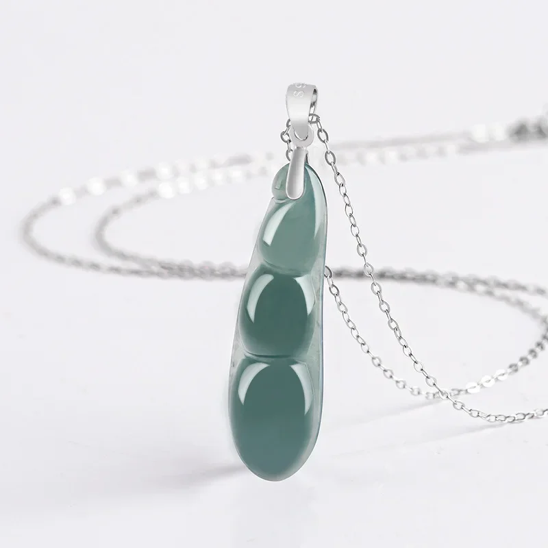 

Burmese Jade Beans Pendant Natural Charm Necklace Amulets 925 Silver Blue Gifts for Women Gift Emerald Certificate Jadeite