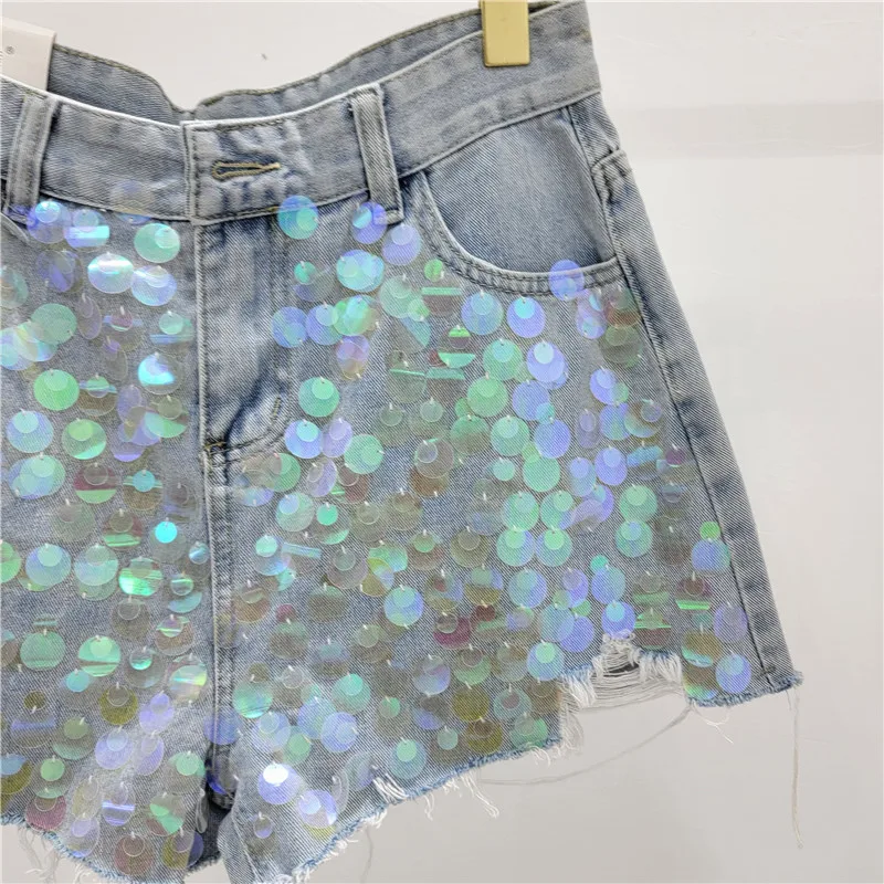 Summer New High Waist A- Line Wide Leg Shorts Women Fashion Sequined Tassel Ripped Slimming Denim Shorts Sexy Girl Hot Pants