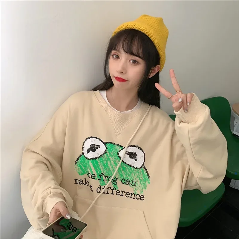Cute Frog Printed Pullovers Women O-Neck Thin Loose Casual Sweatshirts with Big Pocket Spring Autumn Mid-Length Leisure Pullover
